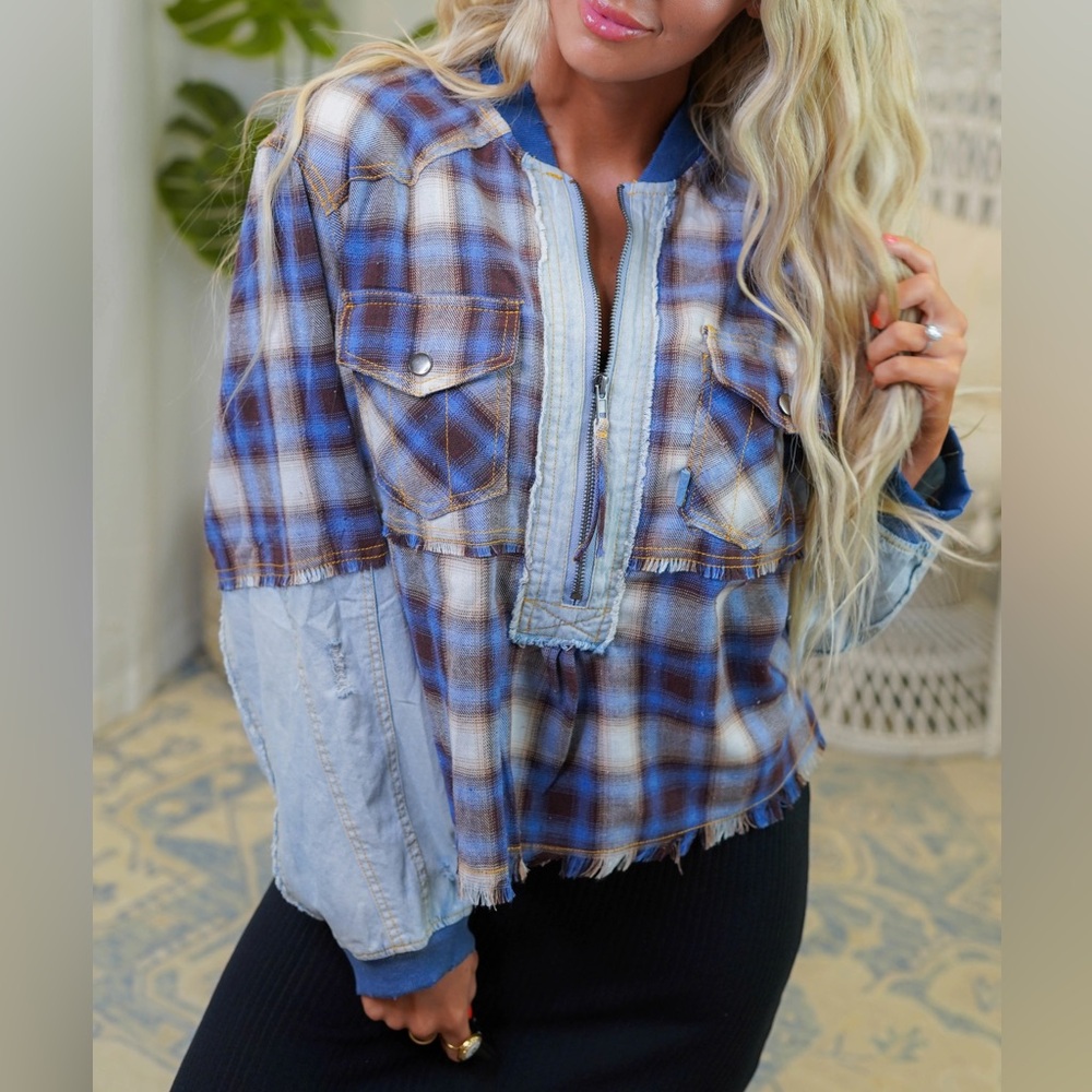 Oli & Hali - Mineral Washed Patchwork Plaid Cropped Pullover with Zipper